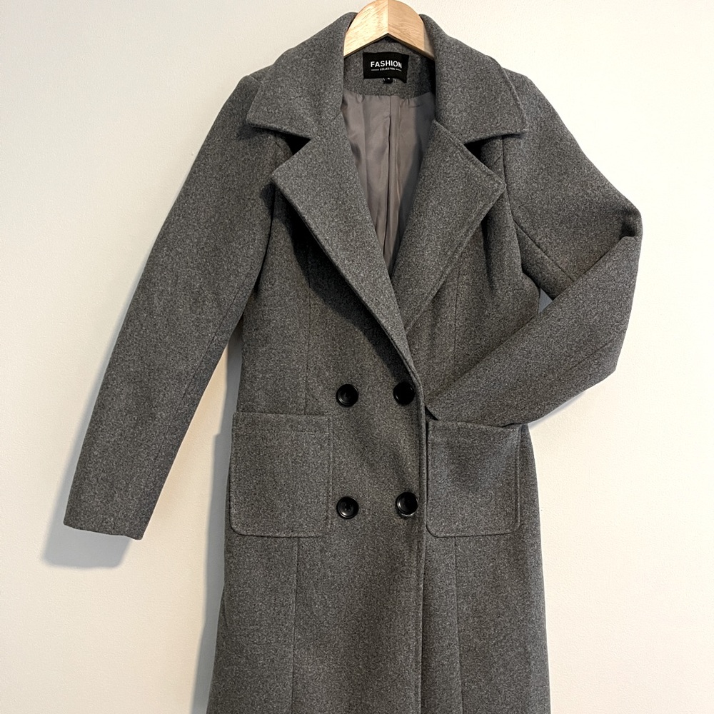 Grey Women’s Winter Trench Coat with Buttons